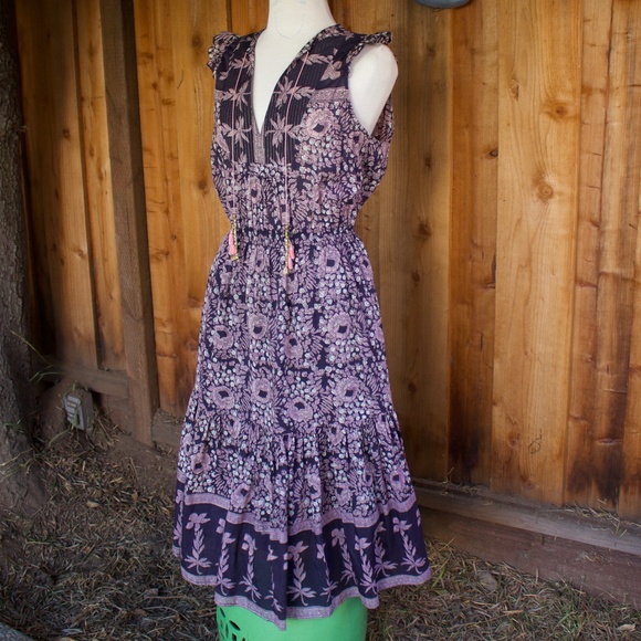 Alicia Bell Cotton & Silk Violet/Blue Peasant Boho Sleeveless Floral Midi Dress - Picture 3 of 16